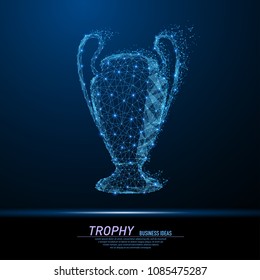 Abstract polygonal light Trophy cup sign. Business wireframe mesh spheres from flying debris. Victory concept. Blue structure style vector illustration.