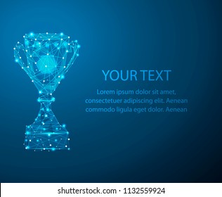 Abstract polygonal light Trophy cup sign in the form of a starry sky or space, consisting of points, lines, and shapes in the form of planets, stars and the universe