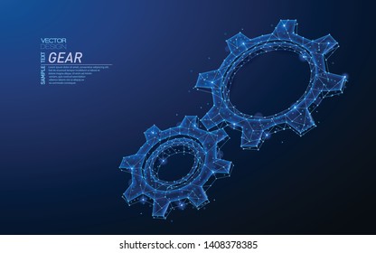 Abstract polygonal light of two cog gears. Business wireframe mesh spheres from flying debris. Mechanical technology, teamwork, engine work, concept. Blue structure style vector 3D illustration