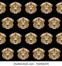 Abstract polygonal lion seamless pattern background. Modern low poly lion portrait pattern for design textile, t shirt, veterinary clinic poster, gift card, bag print, art workshop advertising etc.