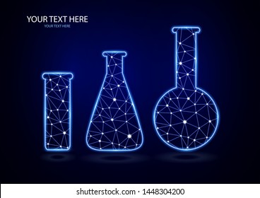 Abstract polygonal luminous chemical flasks isolated from a polygon frame on a dark background. Low poly design for science and analysis, research. Future technologies, business, medicine,  chemistry.