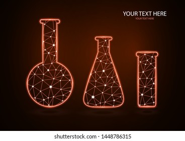 Abstract polygonal luminous chemical flasks isolated from a polygon frame on a dark background. Low poly design for science and analysis, research. Future technologies, business, medicine, chemistry.