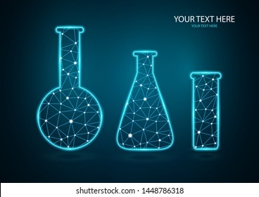 Abstract polygonal luminous chemical flasks isolated from a polygon frame on a dark background. Low poly design for science and analysis, research. Future technologies, business, medicine, chemistry.