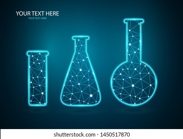 Abstract polygonal luminous chemical flasks isolated from a polygon frame on a dark background. Low poly design for science and analysis, research. Future technologies, business, medicine, chemistry.