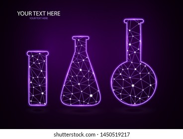 Abstract polygonal luminous chemical flasks isolated from a polygon frame on a dark background. Low poly design for science and analysis, research. Future technologies, business, medicine, chemistry.