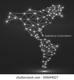 Abstract polygonal  map America continent with glowing dots and lines, network connections. Vector illustration. Eps 10