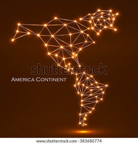 Abstract polygonal  map America continent with glowing dots and lines, network connections. Vector illustration. Eps 10