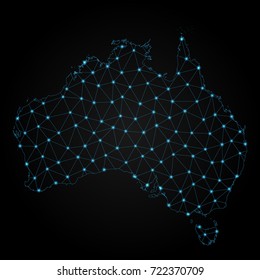 Abstract polygonal map of Australia with glowing dots and lines, Social communications background
