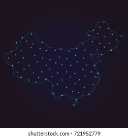 Abstract polygonal map of China with glowing dots and lines, Social communications background