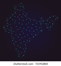 Abstract polygonal map of India with glowing dots and lines, Social communications background