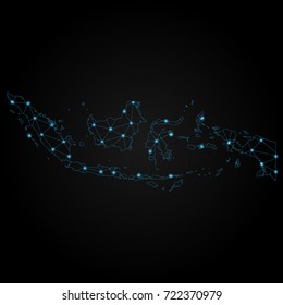 Abstract polygonal map of Indonesia with glowing dots and lines, Social communications background
