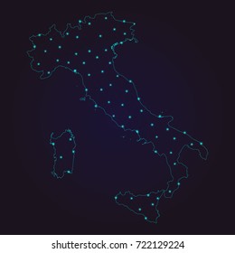 Abstract polygonal map of Italy with glowing dots and lines, Social communications background