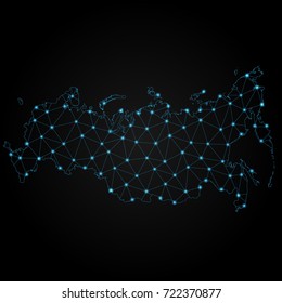 Abstract polygonal map of Russia with glowing dots and lines, Social communications background

