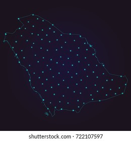Abstract polygonal map of Saudi Arabia with glowing dots and lines, Social communications background