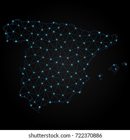 Abstract polygonal map of Spain with glowing dots and lines, Social communications background
