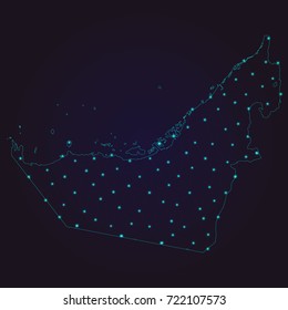 Abstract polygonal map of United Arab Emirates with glowing dots and lines, Social communications background