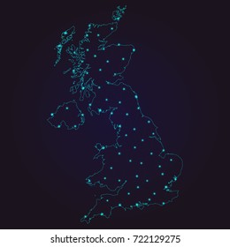 Abstract polygonal map of United Kingdom with glowing dots and lines, Social communications background