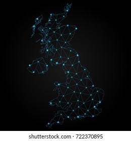 Abstract polygonal map of United Kingdom with glowing dots and lines, Social communications background
