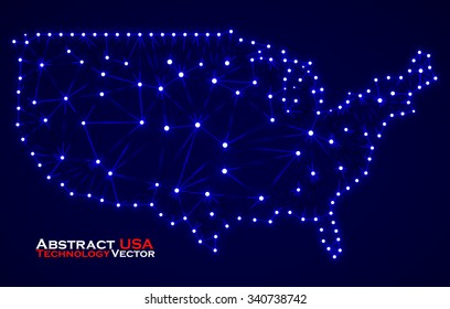 Abstract polygonal  map USA with glowing dots and lines, network connections. Vector illustration. Eps 10