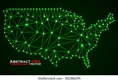 Abstract polygonal  map USA with glowing dots and lines, network connections. Vector illustration. Eps 10