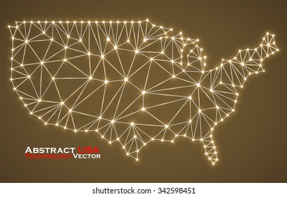 Abstract polygonal  map USA with glowing dots and lines, network connections. Vector illustration. Eps 10