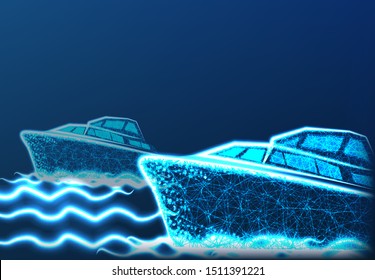 Abstract polygonal marine ship or boat with texture of starry sky. Vector illustration consisting of polygons, points and lines isolated on dark blue background