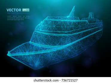 Abstract polygonal marine ship or boat with texture of starry sky. Vector illustration consisting of polygons, points and lines isolated on dark blue background