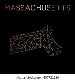 Abstract polygonal Massachusetts network map design with wired lines and dots. Map of Massachusetts network connections. Vector illustration.