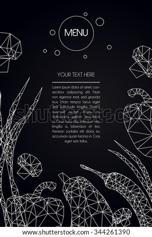 Abstract polygonal Menu template set. Geometric triangle design. White line on black background, vector vegetables illustration