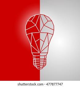 Abstract polygonal mesh style light bulb with the division on a red and white background.