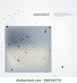 Abstract polygonal molecule design with connecting dots lines and halftone background.
