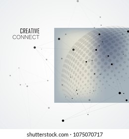 Abstract polygonal molecule design with connecting dots lines and halftone background.
