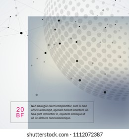 Abstract polygonal molecule design with connecting dots lines and halftone background.