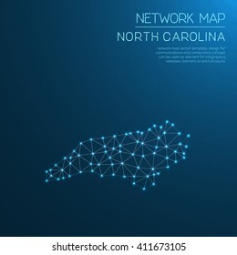 Abstract polygonal North Carolina network map design with glowing dots and lines. Map of North Carolina networks. Vector illustration.