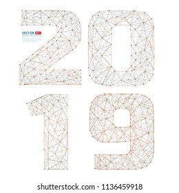 Abstract polygonal numbers for New Year 2019 with texture of starry sky or space universe. Vector illustration of wireframe numbers consisting of polygons, points & lines isolated on white background