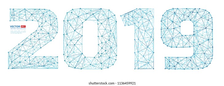 Abstract polygonal numbers for New Year 2019 with texture of starry sky or space universe. Vector illustration of wireframe numbers consisting of polygons, points and lines isolated on white