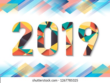 Abstract polygonal numbers for New Year 2019 with texture. Modern futuristic template for 2019 isolated on white background. Vector illustration.