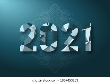 Resumen de números poligonales para Año Nuevo 2021 con textura. Plantilla futurista moderna para 2021 sobre fondo de patrón de hoja. Ilustración vectorial.