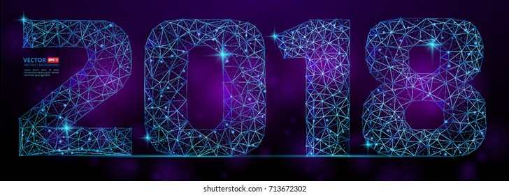 Abstract polygonal numbers for New Year 2018 with texture of starry sky or space universe. Vector illustration of wireframe numbers consisting of polygons, points and lines isolated on pink background