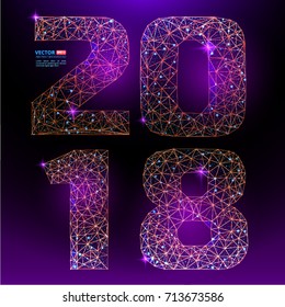 Abstract polygonal numbers for New Year 2018 with texture of starry sky or space universe. Vector illustration of wireframe numbers consisting of polygons, points and lines isolated on pink background