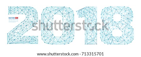 Abstract polygonal numbers for New Year 2018 with texture of starry sky or space universe. Vector illustration of wireframe numbers consisting of polygons, points and lines isolated on white