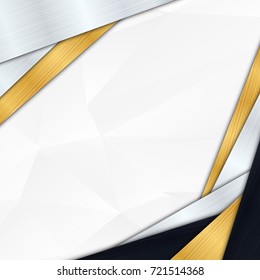 Abstract polygonal overlap dimension modern luxury dark background and gold metal border texture cover layout template with copy space. Material design concept. Trendy banner or poster design business