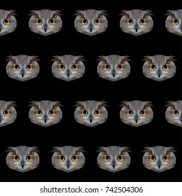 Abstract polygonal owl seamless pattern background. Modern low poly owl portrait pattern for design textile, t shirt, veterinary clinic poster, gift card, bag print, art workshop advertising etc.