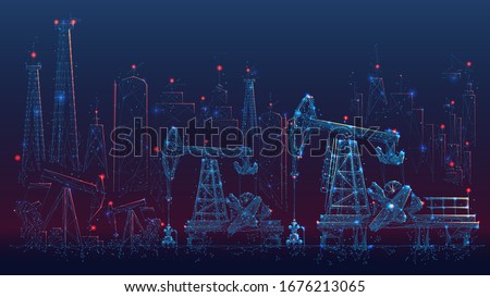 Abstract polygonal panorama of the extraction of petroleum. Pumpjacks on an oil well. Usable petroleum is drawn out from beneath the earth's surface location. Low poly wireframe vector illustration.