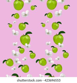 Abstract polygonal pattern with apples and flowers on the vertical direction.