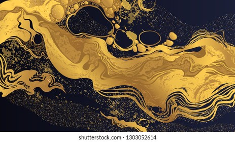 Abstract polygonal pattern luxury dark blue with gold background - splash in blue color bubbles hand-drawn illustration - Vector