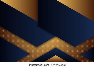 Abstract polygonal pattern luxury dark blue with gold gradient colors. Modern background use triangle and hexagon as element design. Transparency white dot pattern in lower layer. 