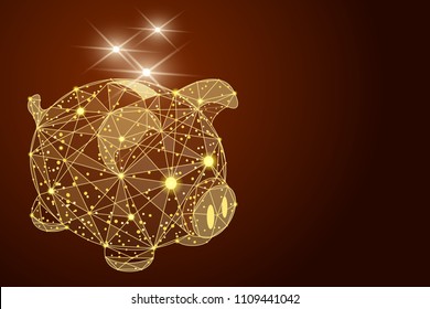 Abstract polygonal piggy bank. in the form of golden sand and lines. Low poly wireframe vector illustration.