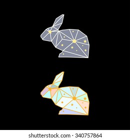 Abstract polygonal rabbit isolated on black background. Side view. Futuristic cover painted in imaginary colors for use in design for card, invitation, poster, placard, banner