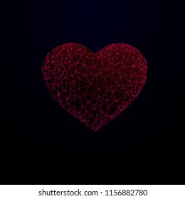 Abstract polygonal red heart in the form of a  space, consisting of points connecting network, lines and triangles, on dark background.